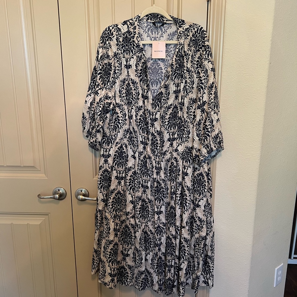 BloomChic Black and White Wrap Sundress with Bishop Sleeves